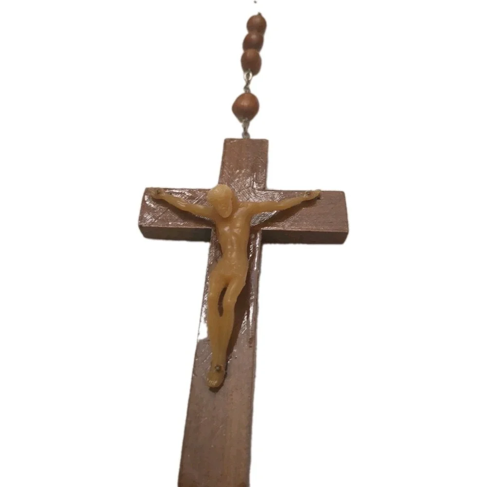 Antique Vintage Wood Rosary Resin Or Plastic Christ, Brown Beads Probably Acorns